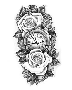 طرح خام تتو گل رز ترکیبی با ساعت برای پلمپ
